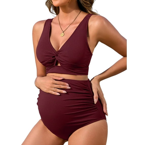 Asoul V Neck Maternity Swimsuits Ribbed Twist Front Bikini Sets High Waist Pregnancy Bathing Suits for Womens