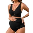 thumbnail image 1 of Asoul V Neck Maternity Swimsuits Ribbed Twist Front Bikini Sets High Waist Pregnancy Bathing Suits for Womens, 1 of 6