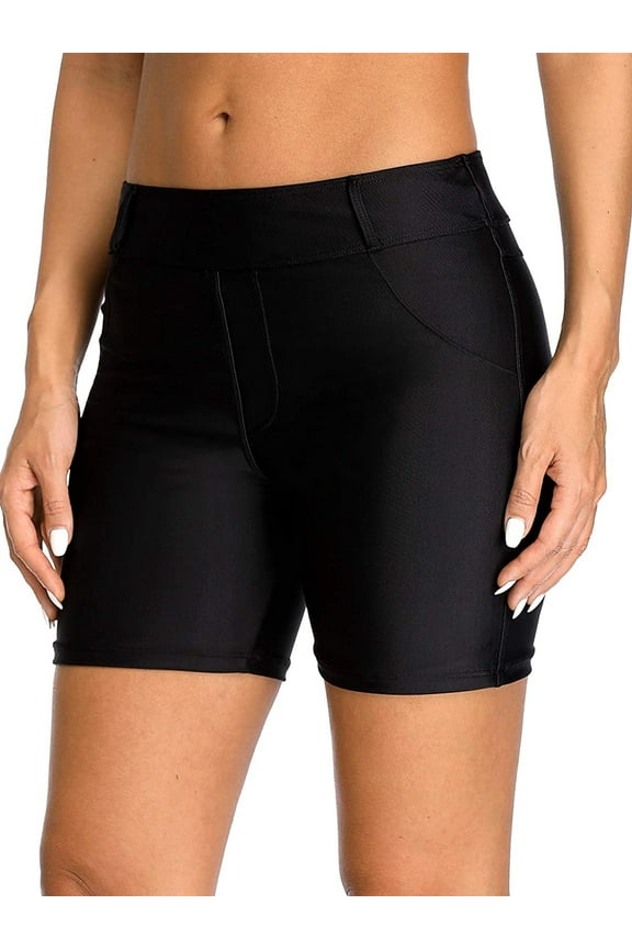 Women Solid Swim Shorts with Pockets High Waisted Swim Boardshorts Beach Swimwear Trunks
