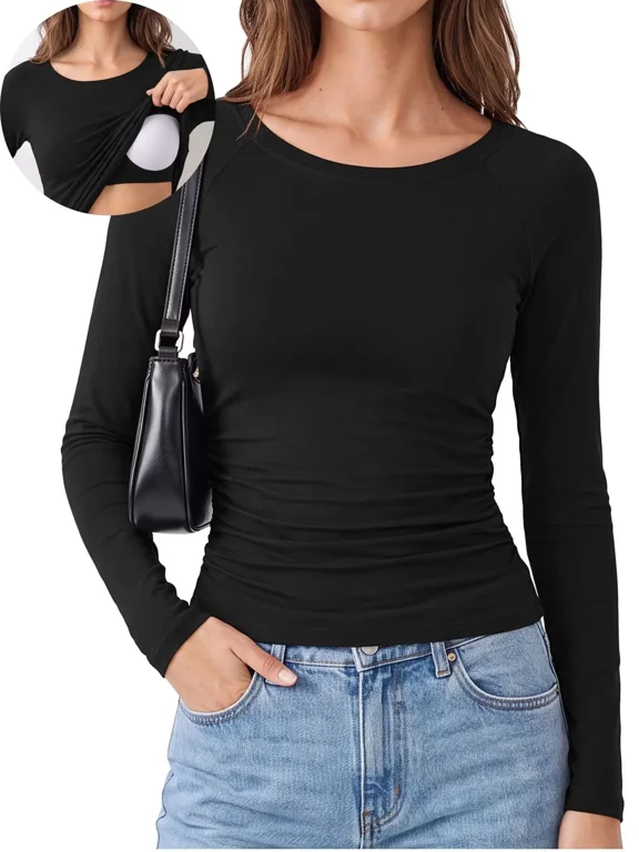 Women's Built-in Bra Long Sleeve Basic Tops Scoop Neck Ruched Shirts