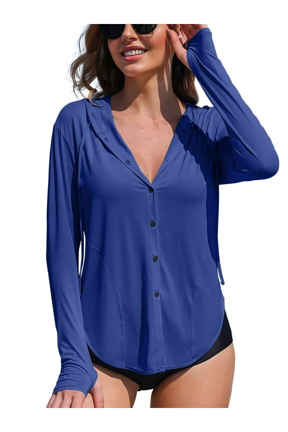 Women's Hooded UPF 50+ Rash Guard Long Sleeve UV Protection T-Shirt Zipper Swimwear Shirts with Pockets Hiking Runing Fishing Tops