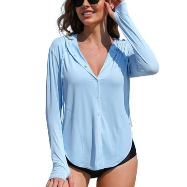 Asoul Women's Hooded UPF 50  Rash Guard Long Sleeve UV Protection T-Shirt Zipper Swimwear Shirts with Pockets Hiking Runing Fishing Tops