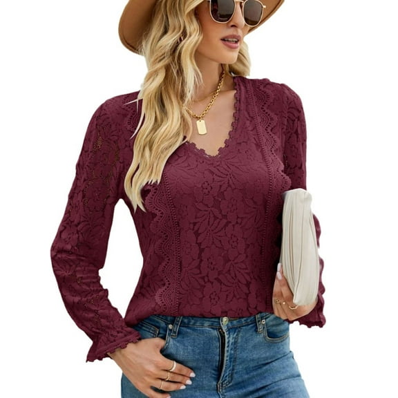Charmo Women’s Lace Long Sleeve Blouses Tops Dressy T Shirts Loose Casual Shirts
