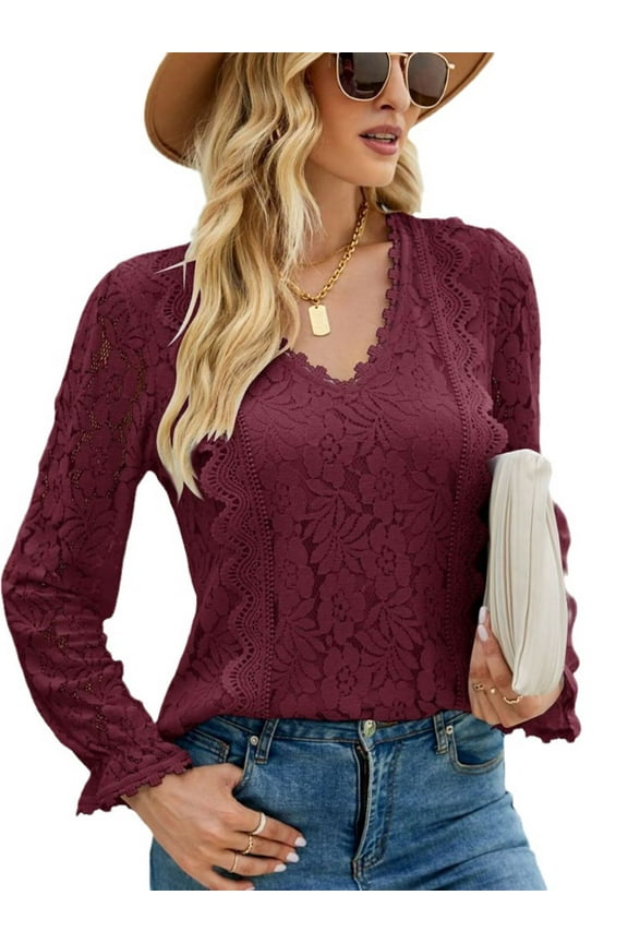 Women’s Lace Long Sleeve Blouses Tops Dressy T Shirts Loose Casual Shirts