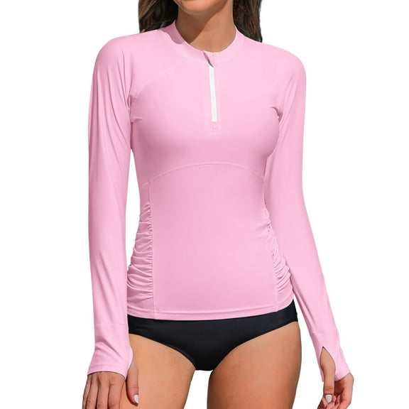 Asoul Women's Long Sleeve Swim Shirts,Zipper Rash Guard Quick Dry Swimsuit Tops,Athletic Workout Running Tops UPF 50 
