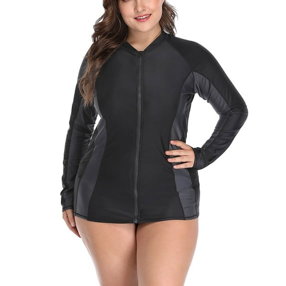 Asoul Women's Plus Size Rash Guard Color Block Long Sleeve Zip Front Swim Shirt UPF 50+