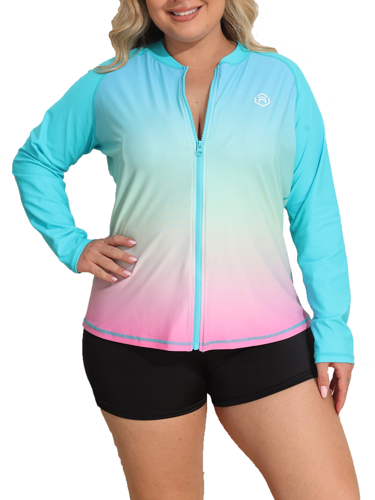 Asoul Women's Plus Size Rash Guard Color Block Long Sleeve Zip Front
