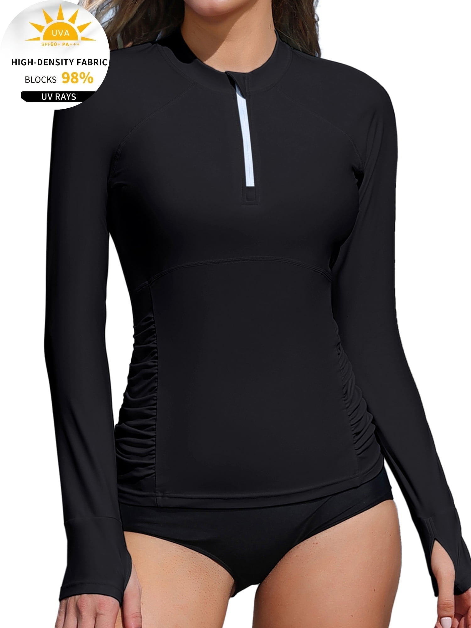 Asoul Women's Zipper Rash Guard Long Sleeve Side Ruched Swim Shirt Sun ...
