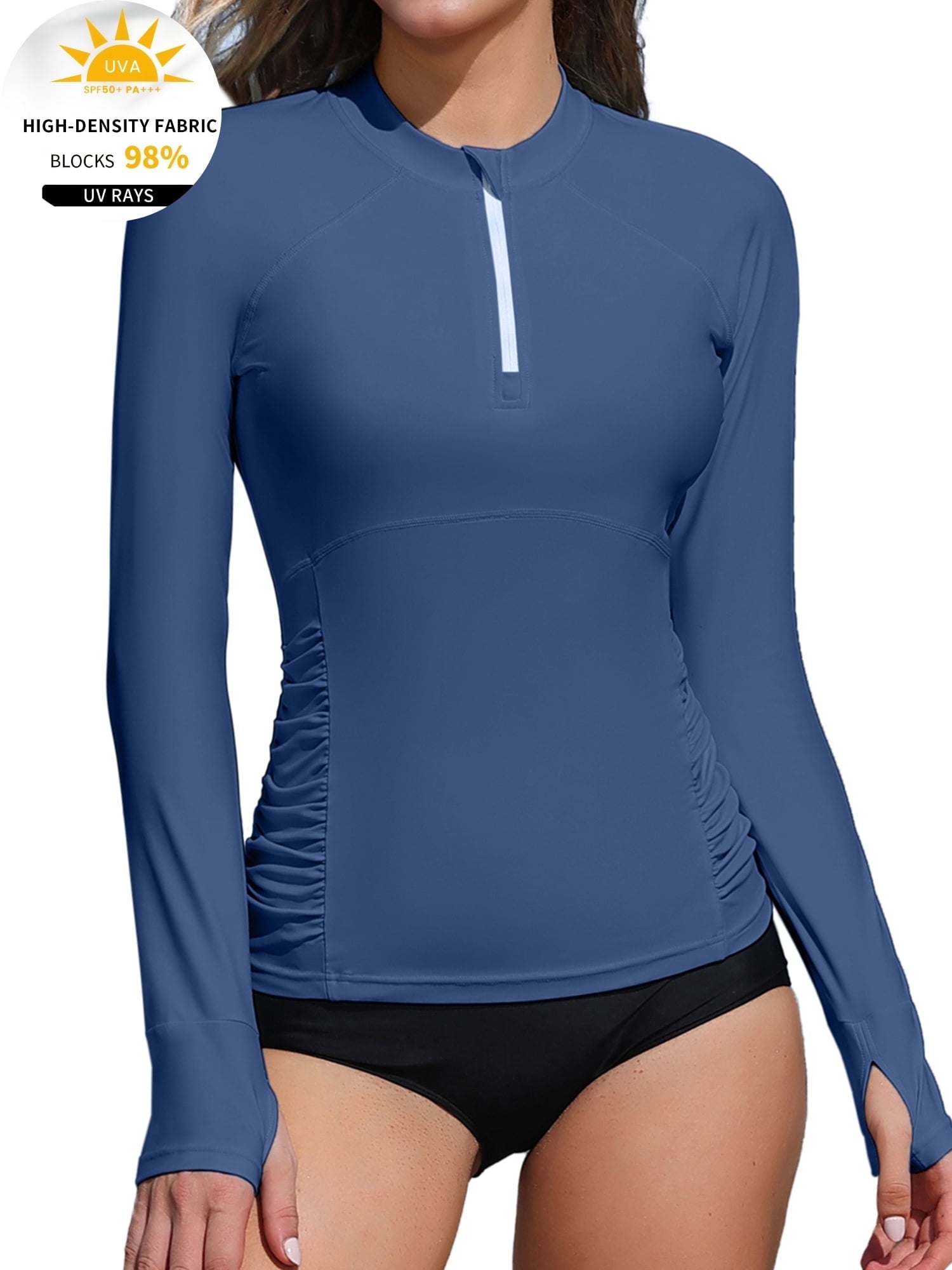 Asoul Women's Zipper Rash Guard Long Sleeve Side Ruched Swim Shirt Sun ...
