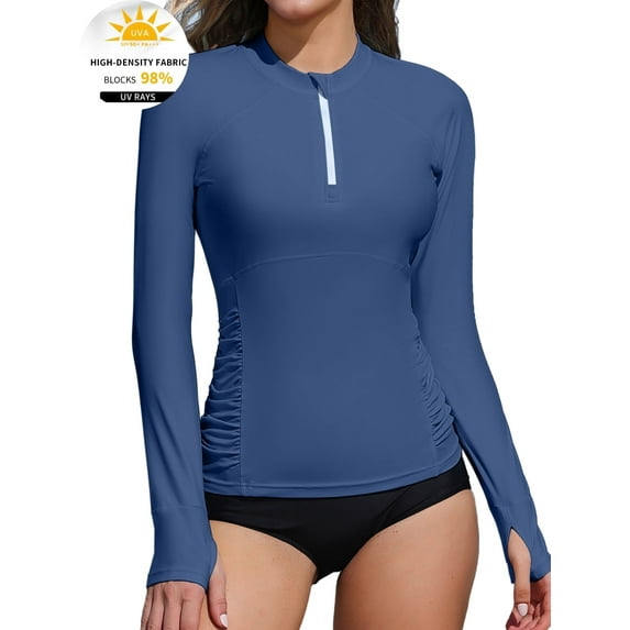 Asoul Women's Zipper Rash Guard Long Sleeve Side Ruched Swim Shirt Sun Protection Swimsuit Tops