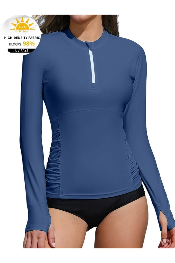 Women's Zipper Rash Guard Long Sleeve Side Ruched Swim Shirt Sun Protection Swimsuit Tops