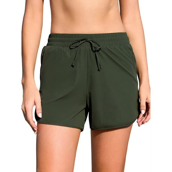 Asoul Womens High Elastic Waisted Swim Bottoms Mesh Split Board Shorts Drawstring Swim Shorts with Pocket