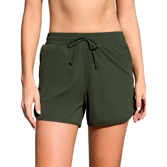 Asoul Womens High Elastic Waisted Swim Bottoms Mesh Split Board Shorts Drawstring Swim Shorts with Pocket