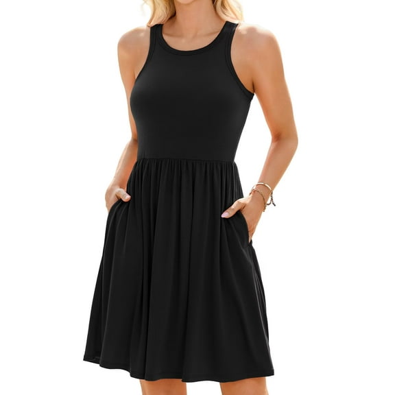 Asoul Womens High Neck Summer Dress Casual Pleated Dresses Sleeveless Beach Dress with Padding and pockets