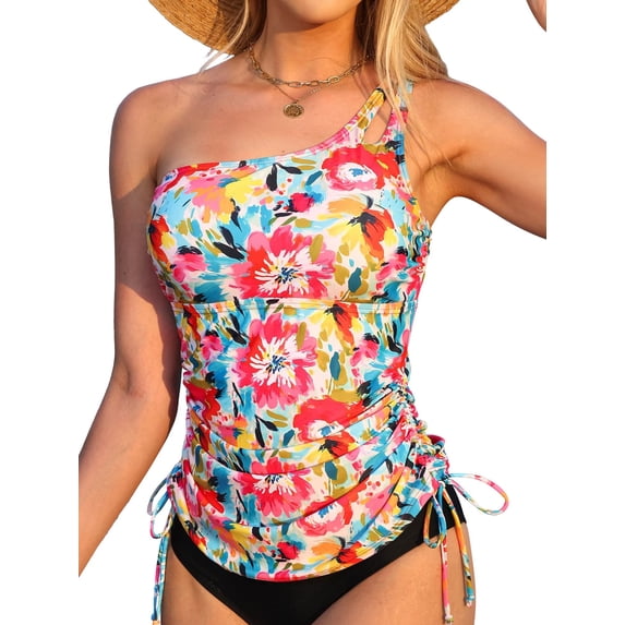 Asoul Womens One Shoulder Keyhole Tankini Tops Side Tie Ruched Swimsuit Tops Only Tummy Control Swimwear Tops(No Bottoms)