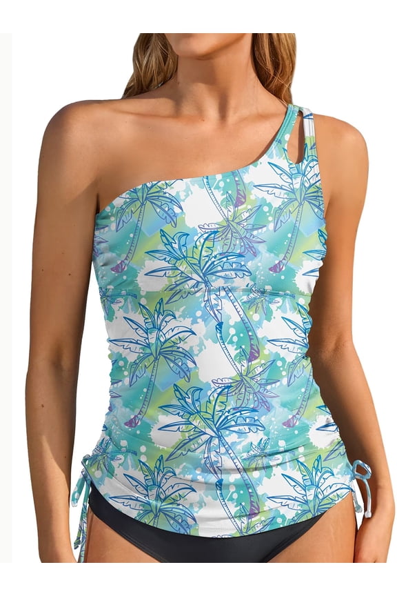 Womens One Shoulder Keyhole Tankini Tops Side Tie Ruched Swimsuit Tops Only Tummy Control Swimwear Tops(No Bottoms)