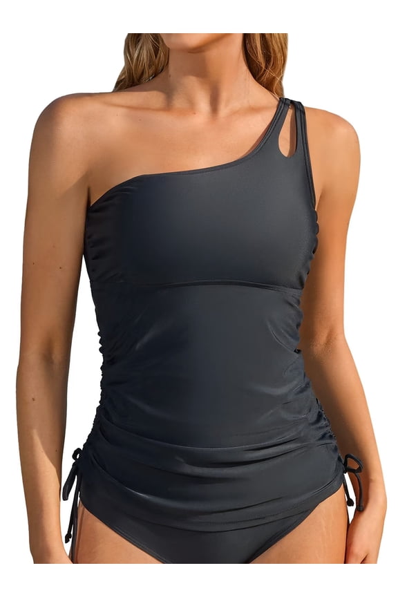Womens One Shoulder Keyhole Tankini Tops Side Tie Ruched Swimsuit Tops Only Tummy Control Swimwear Tops(No Bottoms)
