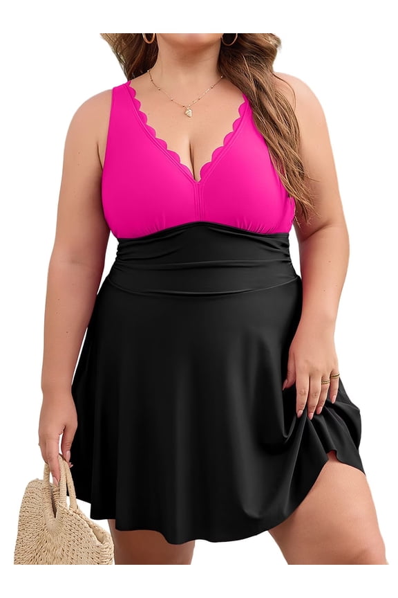 Womens Plus Size One Piece Scalloped V Neck Swimwear Tummy Control Swimdress Bathing Suits Swimsuits with briefs