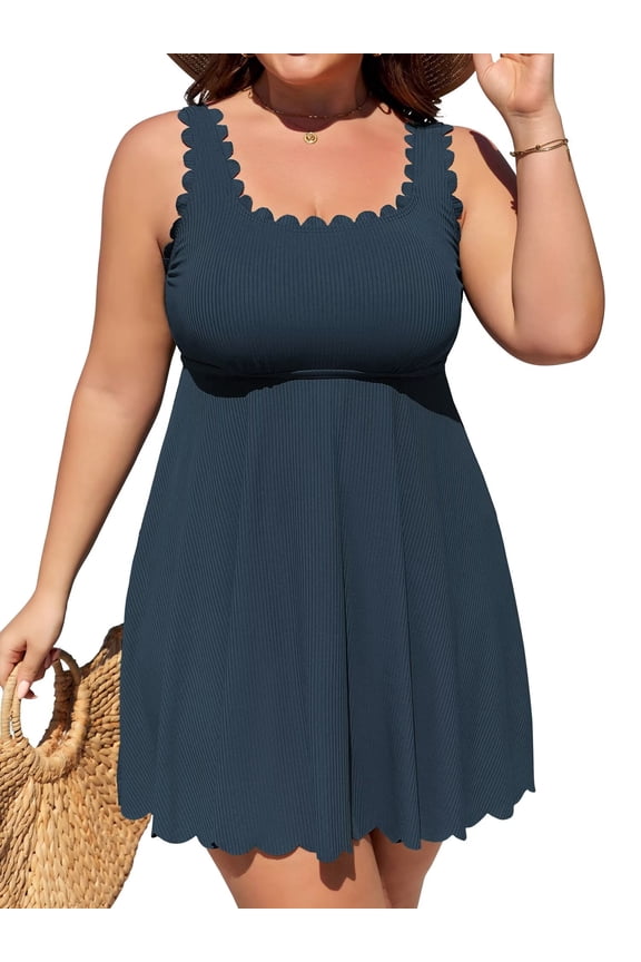 Womens Plus Size Scalloped Ribbed Swim Dress Full Coverage Tummy Control One Piece Swimsuits Flowy Bathing Suits