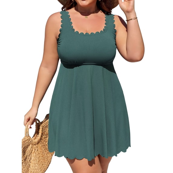Asoul Womens Plus Size Scalloped Ribbed Swim Dress Full Coverage Tummy Control One Piece Swimsuits Flowy Bathing Suits