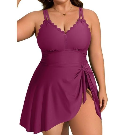 Asoul Womens Plus Size Scalloped V Neck One Piece Swimsuits Side Tie Knot Swimdress Bathing Suits