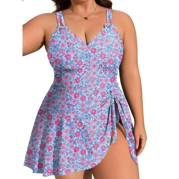 Asoul Womens Plus Size Scalloped V Neck One Piece Swimsuits Side Tie Knot Swimdress Bathing Suits