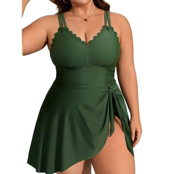 Asoul Womens Plus Size Scalloped V Neck One Piece Swimsuits Side Tie Knot Swimdress Bathing Suits
