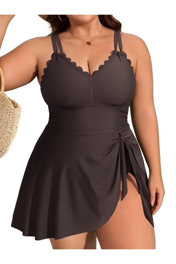 Womens Plus Size Scalloped V Neck One Piece Swimsuits Side Tie Knot Swimdress Bathing Suits