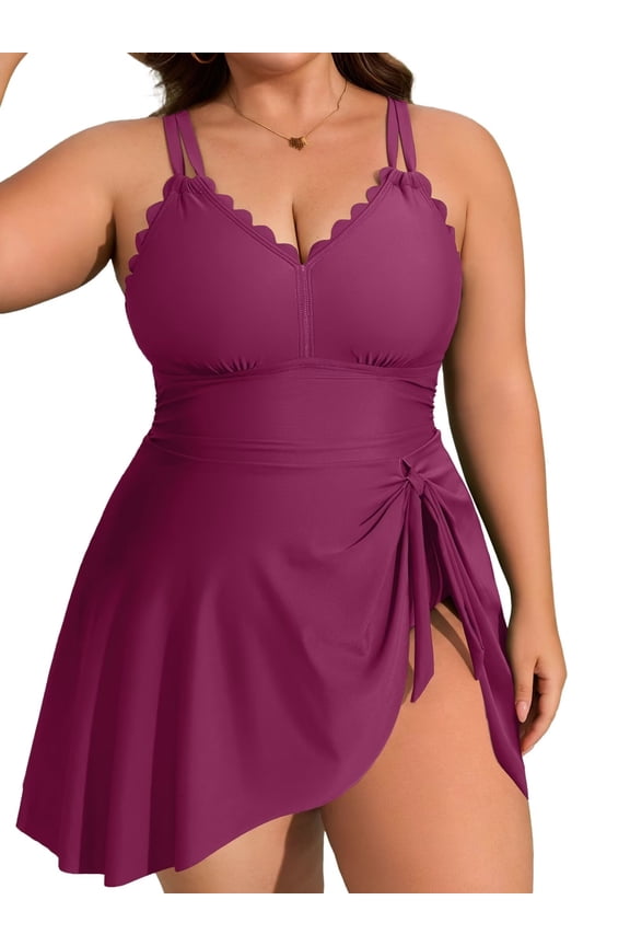 Womens Plus Size Scalloped V Neck One Piece Swimsuits Side Tie Knot Swimdress Bathing Suits