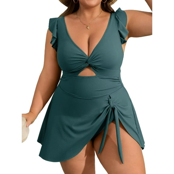 Asoul Womens Plus Size Swimsuit Tummy Control One Piece Ribbed Swimdress Ruffle V Neck Cutout Bathing Suit with Skirt