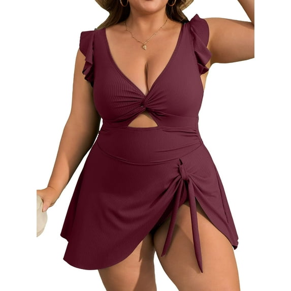 Asoul Womens Plus Size Swimsuit Tummy Control One Piece Ribbed Swimdress Ruffle V Neck Cutout Bathing Suit with Skirt