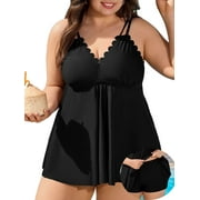 Asoul Plus Size Tankini Swimsuit for Womens Two Piece Bathing Suit Scalloped V Neck Tankini Top with Shorts