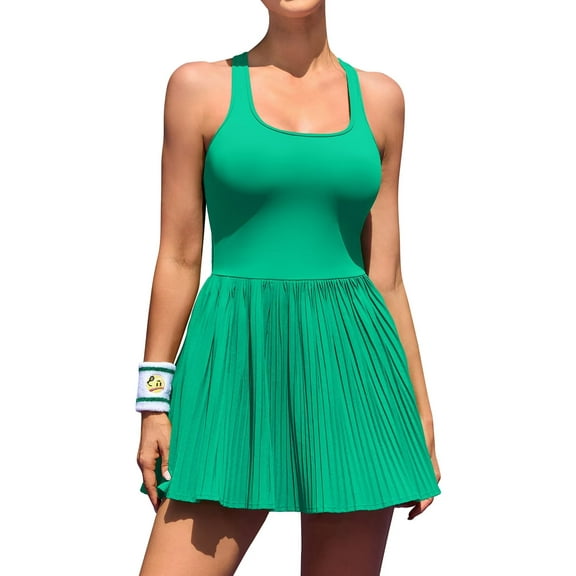 Asoul Womens Racerback Athletic Tennis Dress Square Neck Pleated Golf Dress Built in Shorts