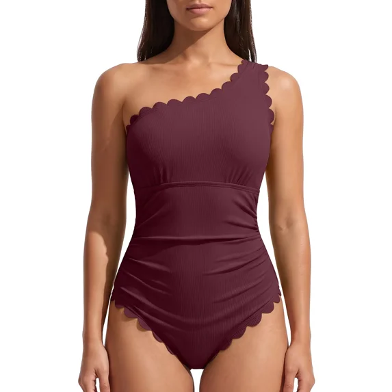 Asoul Womens Ribbed One Piece Swimsuit One Shoulder Scalloped Bathing Suits for Womens Tummy Control Monokini Swimwear