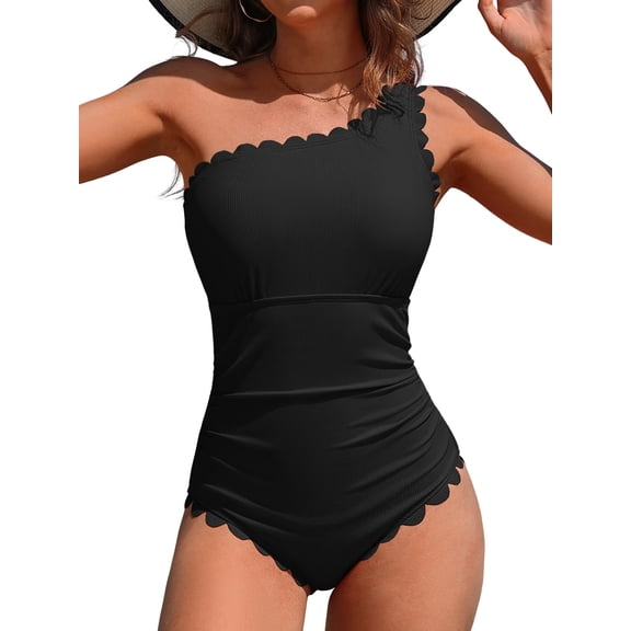 Asoul Ribbed One Piece Swimsuit for Women One Shoulder Scalloped Bathing Suits Tummy Control Swim Suit Monokini Swimwear