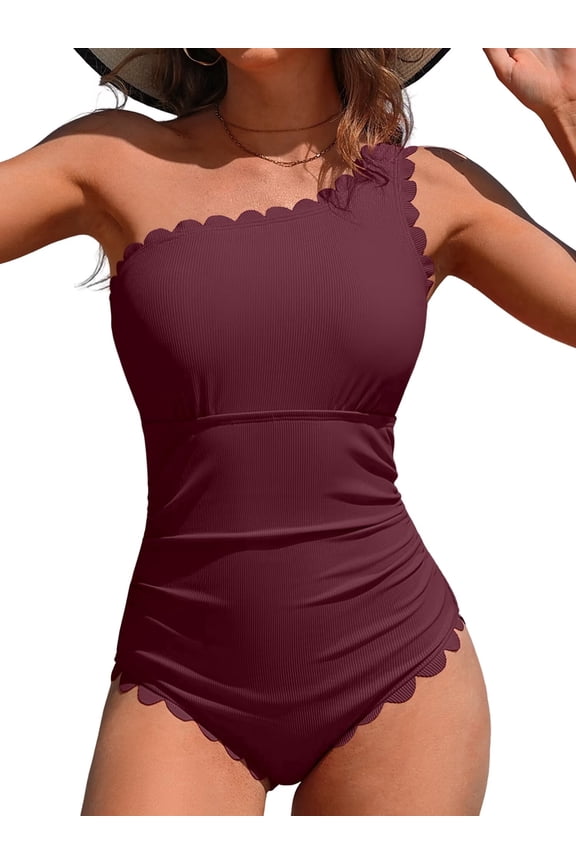 Ribbed One Piece Swimsuit for Women One Shoulder Scalloped Bathing Suits Tummy Control Swim Suit Monokini Swimwear