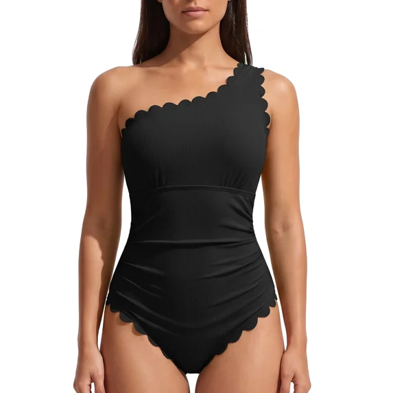 Asoul Womens Ribbed One Piece Swimsuit One Shoulder Scalloped Bathing Suits for Womens Tummy Control Monokini Swimwear