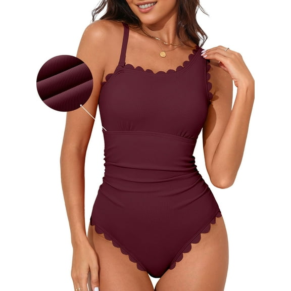 Asoul Ribbed One Piece Swimsuit Women One Shoulder Scalloped Bathing Suit 1 Piece Swim Suit Modest Monokini Swimwear