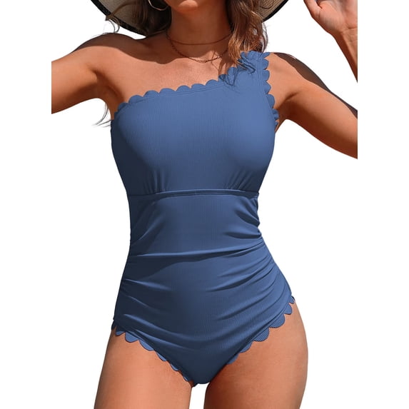 Asoul Ribbed One Piece Swimsuit for Women One Shoulder Scalloped Bathing Suits Tummy Control Swim Suit Monokini Swimwear