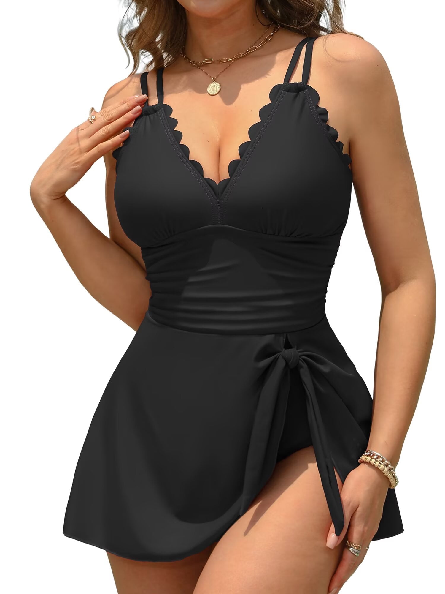 Asoul One Piece Swimdress Swimsuits for Womens Scalloped Tummy Control Swim Dress Tie Knot Skirt Bathing Suit