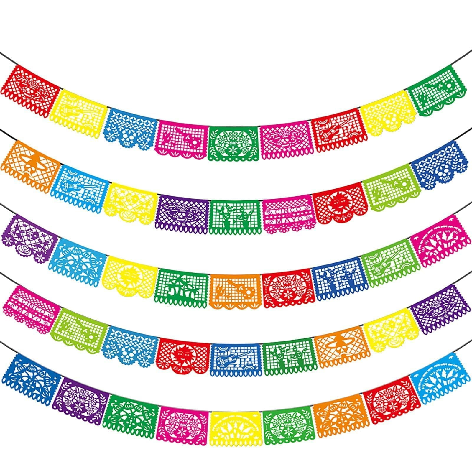 Asoulin 5PCS MexicanEGSCBanners, Cinco De Mayo Decoration Decoration, Mexican Themed Decor 5 De Mayo Banner Plastic Papel Picado, Mexico Birthday Supplies -12 Patterns/90FT