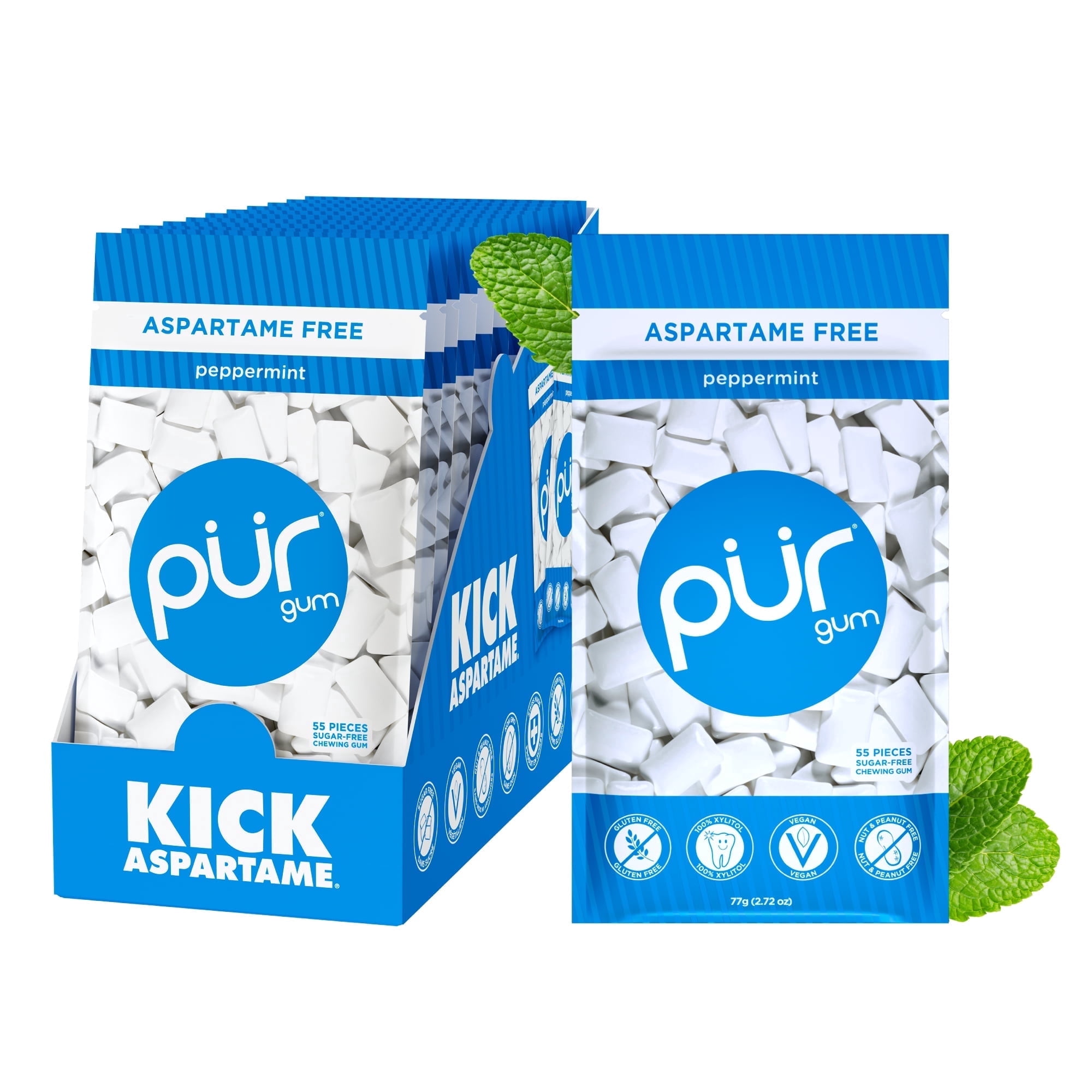 PUR Gum, Peppermint, Aspartame Free, Sugar Free & 100% Xylitol, Chewing Gum, 55 Pieces, Pack of 12