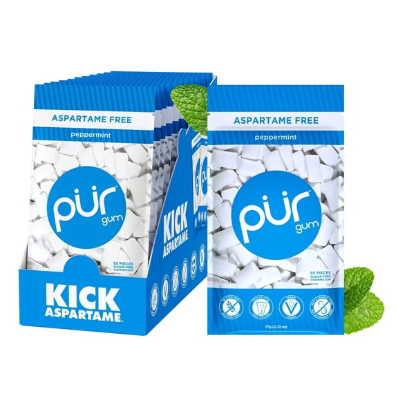 PUR Gum, Peppermint, Aspartame Free, Sugar Free & 100% Xylitol, Chewing Gum, 55 Pieces, Pack of 12