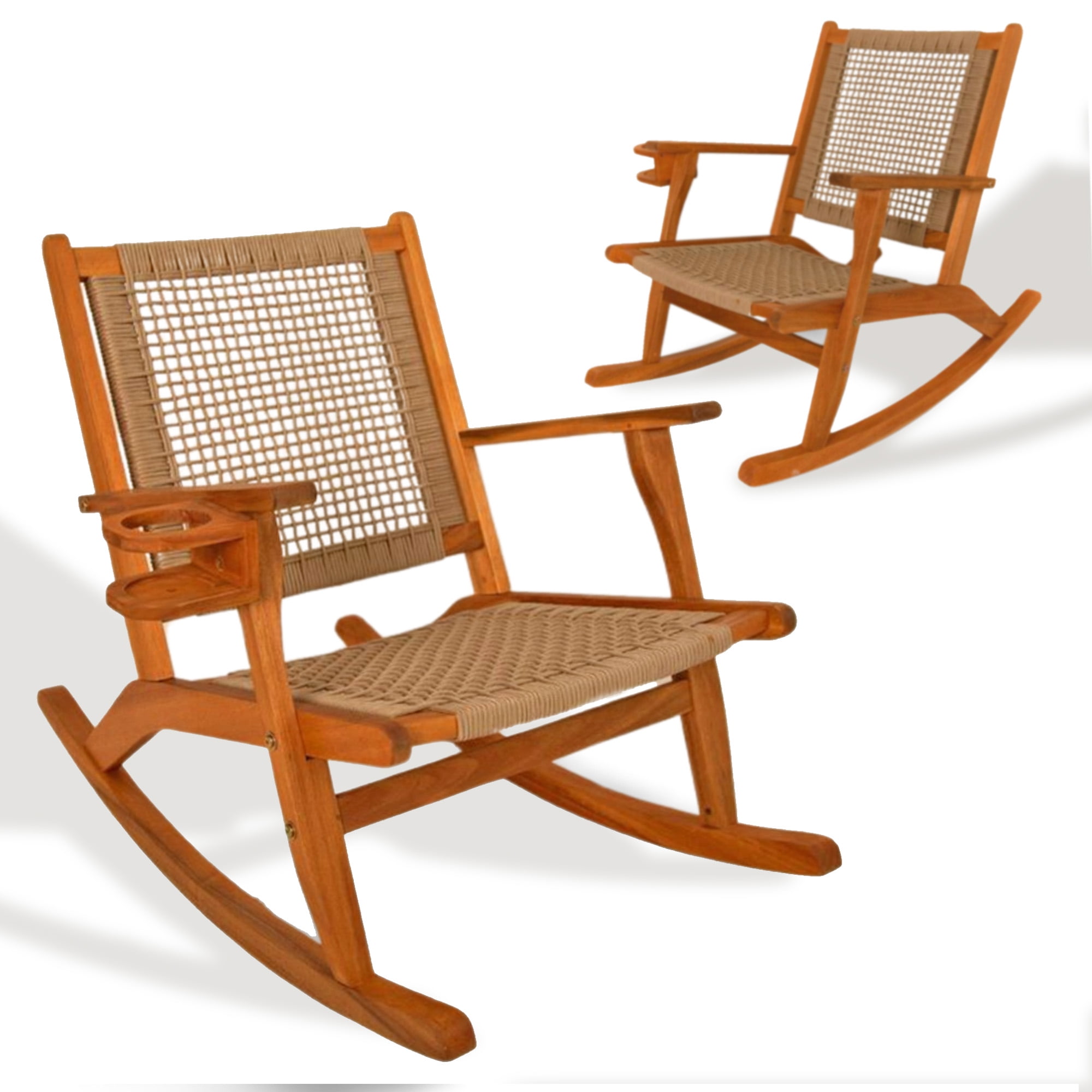 Vega Natural Stained Wood Rocking Chair with Tan Woven Seat