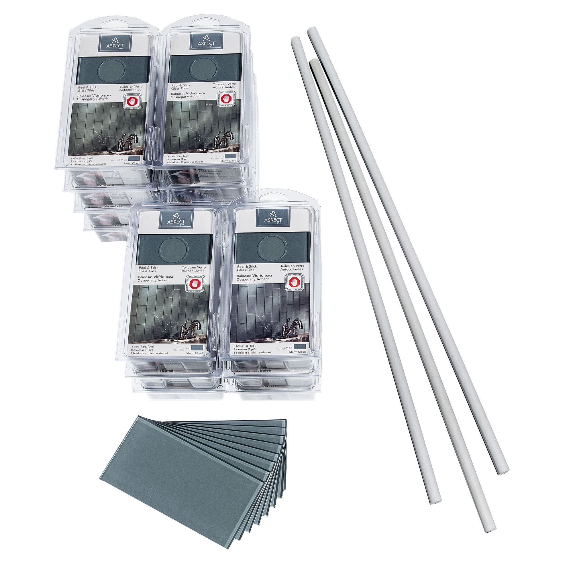 Aspect Peel and Stick 3in x 6 in Glass Tile 15 sq ft Backsplash Kit for Kitchen and Bathrooms in Storm Cloud