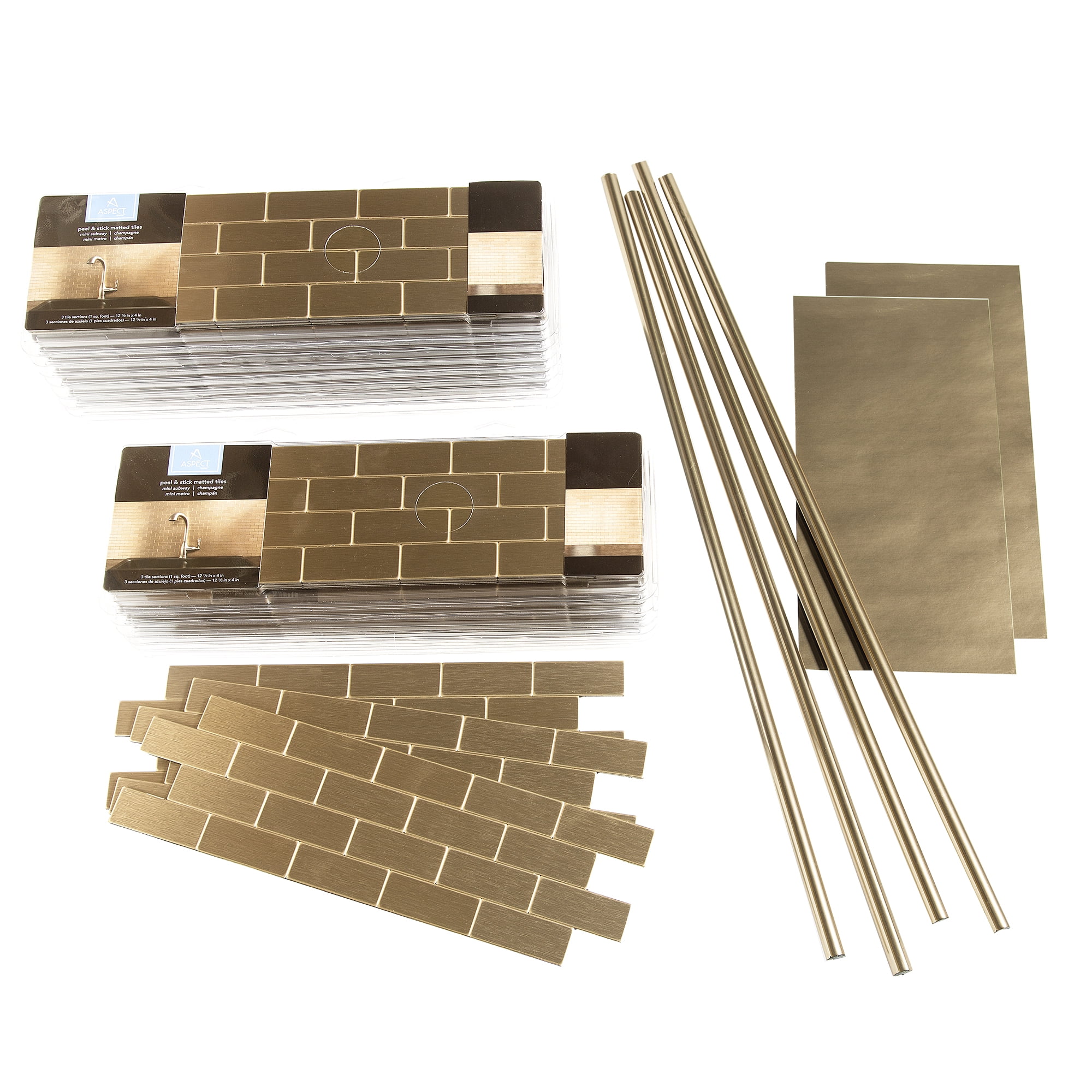 Aspect Peel and Stick Backsplash 12inx4in Subway Champagne Matted Metal Tile 15 Sq Ft Kit for Kitchen and Bathrooms
