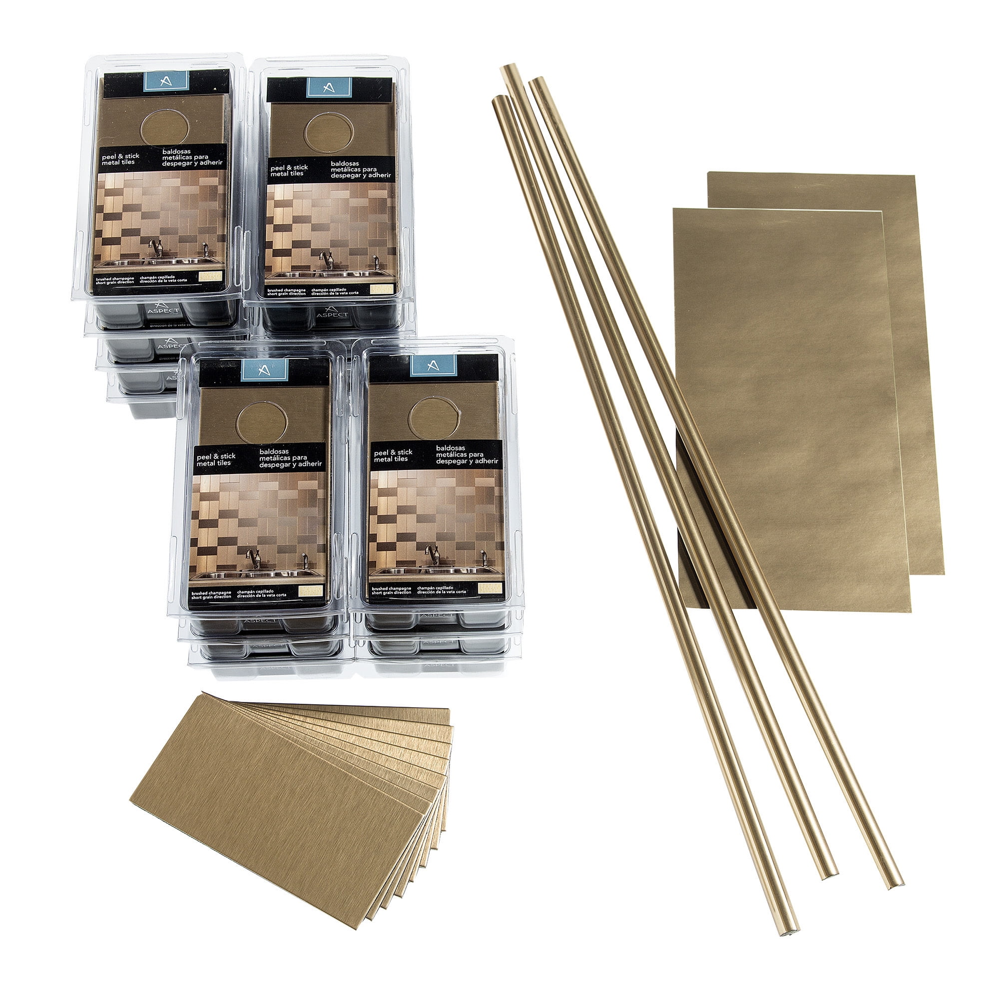 Aspect Peel and Stick Backsplash 3in x 6in Brushed Champagne Short Grain Metal Tile 15 Sq Ft Kit for Kitchen and Bathrooms