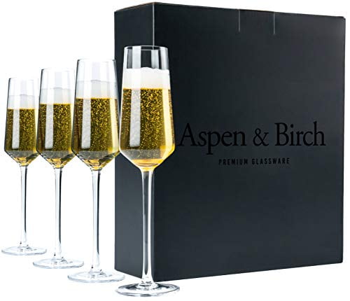 Aspen & Birch - Classic Champagne Flutes Set of 4 - Champagne Glasses - Mimosa Glasses, Premium Crystal Stemware, Clear, 6 oz, Hand Blown Glass Champagne Flutes - Hand Crafted by Artisa