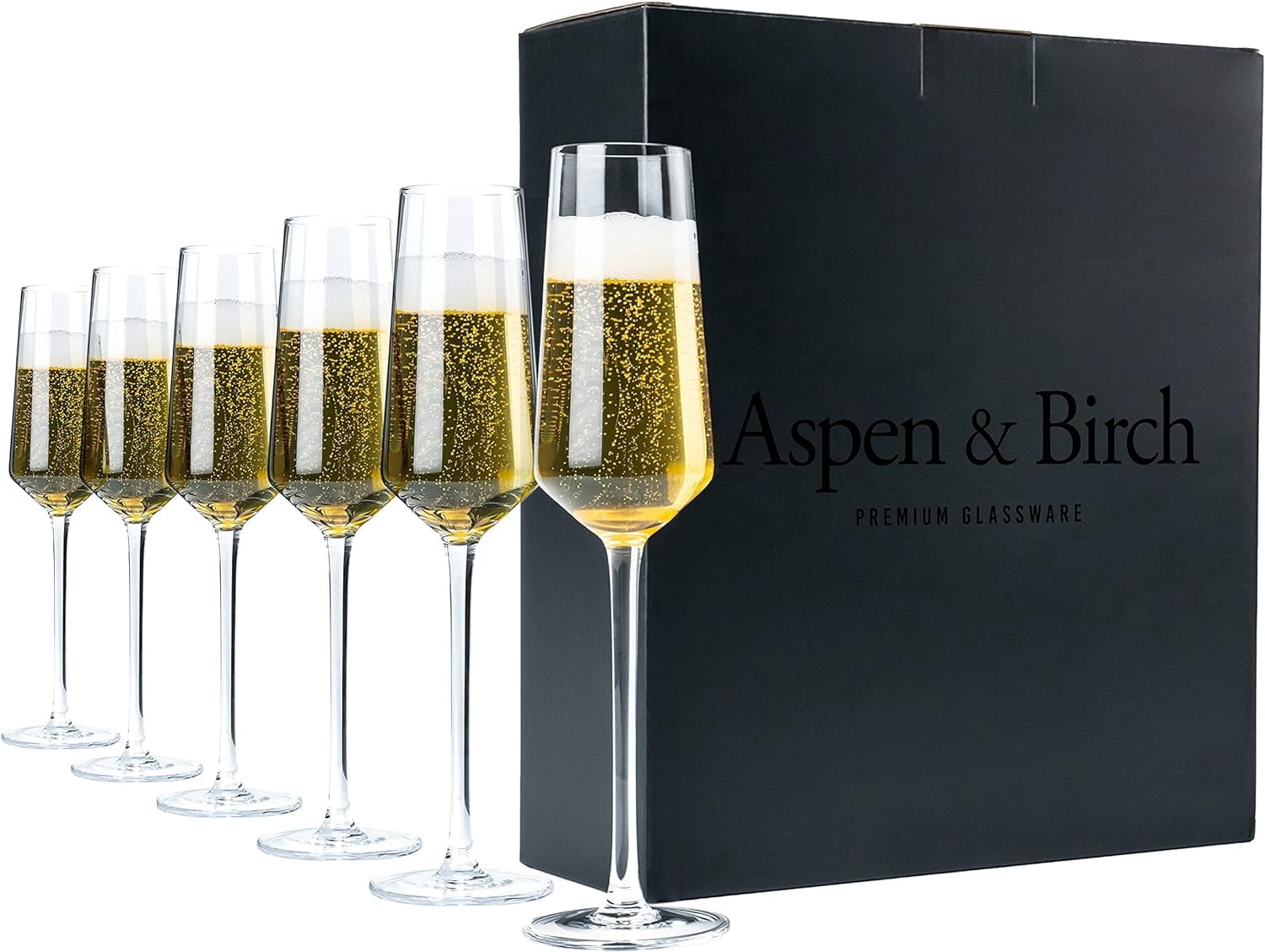 Aspen & Birch - Classic Champagne Flutes Set of 6 - Champagne Glasses - Mimosa Glasses, Premium Crystal Stemware, Clear, 6 oz, Hand Blown Glass Champagne Flutes - Hand Crafted by Artisans