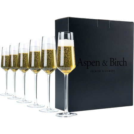 Aspen & Birch - Classic Champagne Flutes Set of 6 - Champagne Glasses - Mimosa Glasses, Premium Crystal Stemware, Clear, 6 oz, Hand Blown Glass Champagne Flutes - Hand Crafted by Artisans